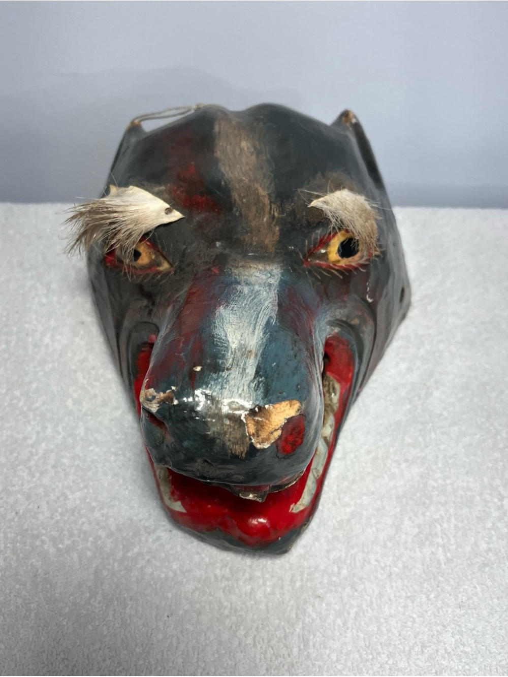 Vintage Mexican Handmade Wolf Mask Black Hand-Carved Wood with Natural Bristles